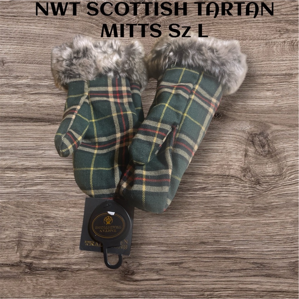 Scottish Tartan Mittens with Faux Fur Trim